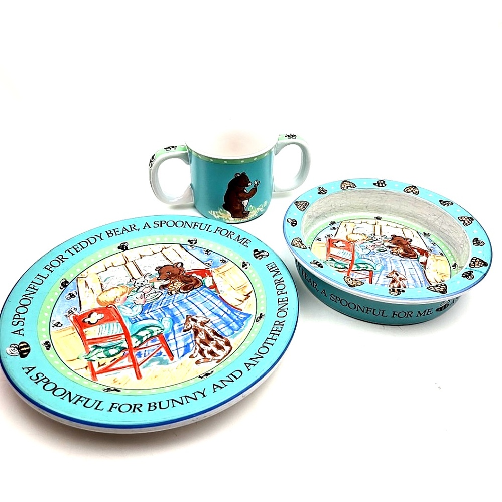 Kate Williams Dish Set 3pc Global Design For Bunny & Me Cup Plate Bowl Glass